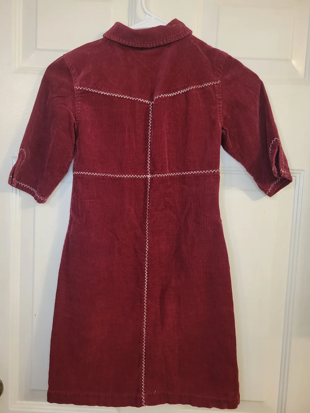 Vintage Christie Brooks Red Corduroy Button-Front Dress with Zigzag Stitching.